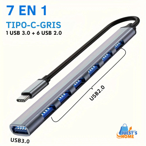 Hub USB-C Multipuerto 7 en 1 de Aluminio – 4 USB 2.0, 1 USB 3.0 y 2 Puertos Type-C