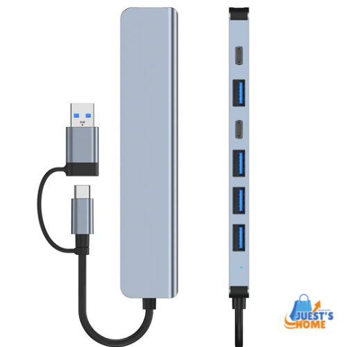 Hub USB-C Multipuerto 7 en 1 de Aluminio – 4 USB 2.0, 1 USB 3.0 y 2 Puertos Type-C