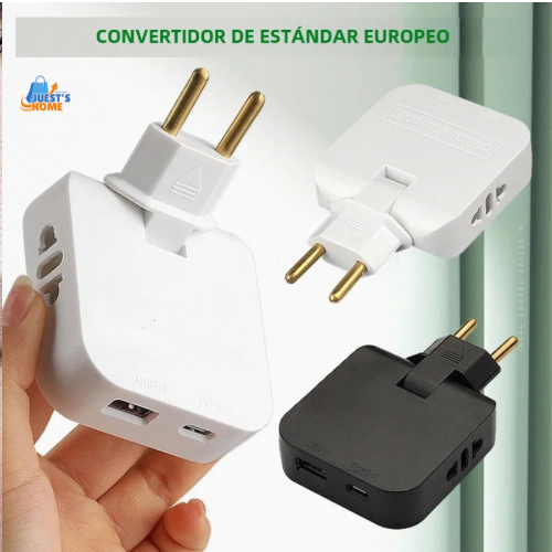 Adaptador de enchufe europeo 4 en 1 plegable 180° con puertos USB y Type-C