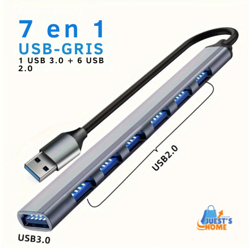 Hub USB-C Multipuerto 7 en 1 de Aluminio – 4 USB 2.0, 1 USB 3.0 y 2 Puertos Type-C