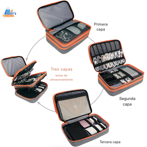 Organizador de accesorios electrónicos multicapa – Bolso de viaje con bolsillo frontal y gran capacidad