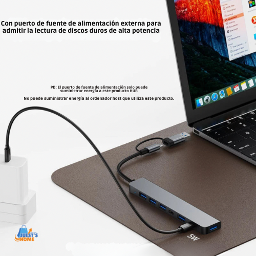 Hub USB-C Multipuerto 7 en 1 de Aluminio – 4 USB 2.0, 1 USB 3.0 y 2 Puertos Type-C
