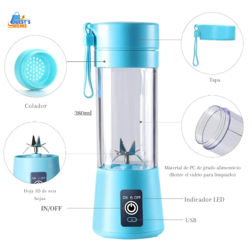 Batidora portátil USB recargable – 6 cuchillas de acero inoxidable, 380 ml