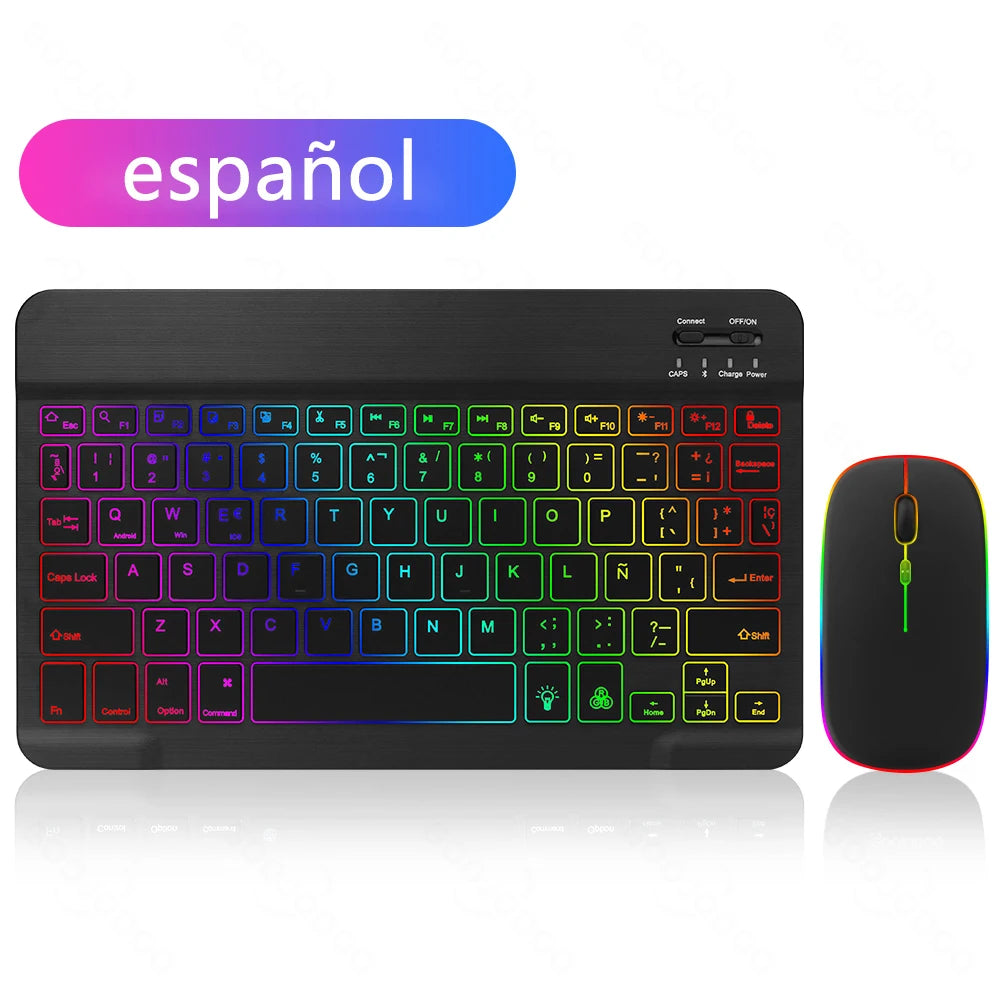 Teclado inalámbrico retroiluminado con ratón – Bluetooth para iOS, Android y Windows (Español, Portugués, Inglés, Francés, Árabe y Ruso)