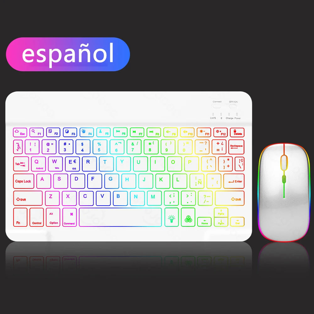 Teclado inalámbrico retroiluminado con ratón – Bluetooth para iOS, Android y Windows (Español, Portugués, Inglés, Francés, Árabe y Ruso)