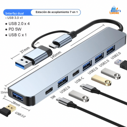 Hub USB-C Multipuerto 7 en 1 de Aluminio – 4 USB 2.0, 1 USB 3.0 y 2 Puertos Type-C