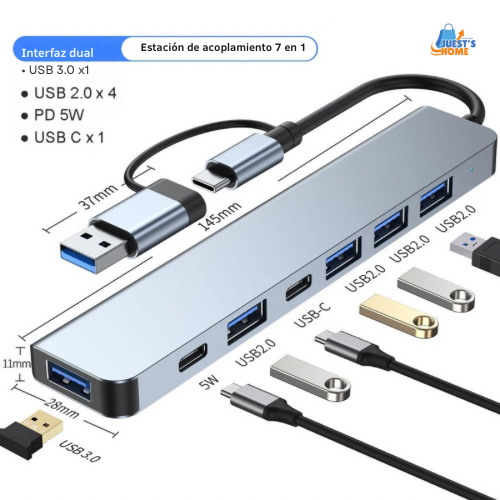 Hub USB-C Multipuerto 7 en 1 de Aluminio – 4 USB 2.0, 1 USB 3.0 y 2 Puertos Type-C