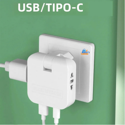 Adaptador de enchufe europeo 4 en 1 plegable 180° con puertos USB y Type-C