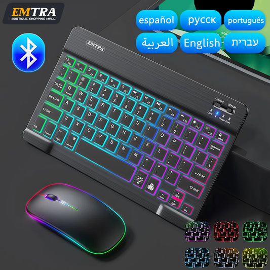 Teclado inalámbrico retroiluminado con ratón – Bluetooth para iOS, Android y Windows (Español, Portugués, Inglés, Francés, Árabe y Ruso)