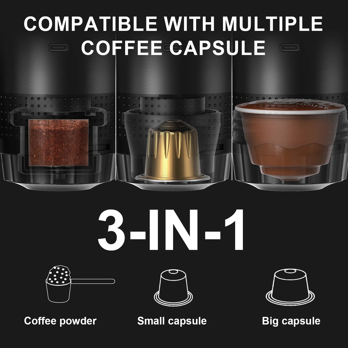 Cafetera Espresso Portátil Inalámbrica 3 en 1 para Cápsulas y Café Molido
